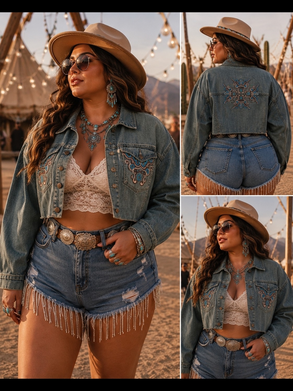 Crest Embroidered Cropped Plus Denim Jacket SZ 3X | Boho Festival Western